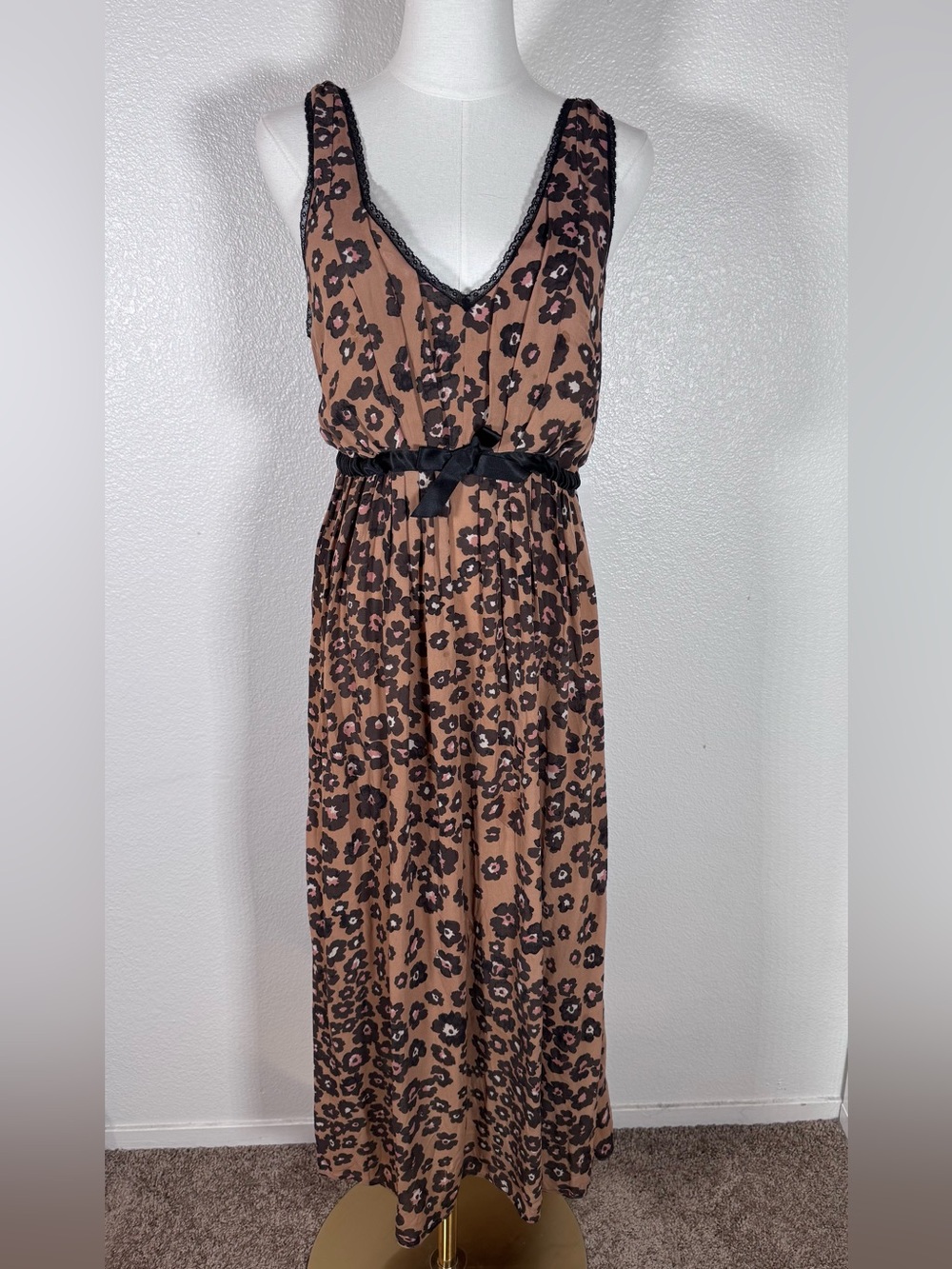 Vintage Leopard-Print Brown Empire Waist Silk Maxi Dress